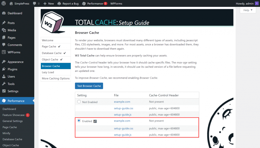 The W3 Total Cache plugin showing the Object Cache page with the Disk option highlighted
