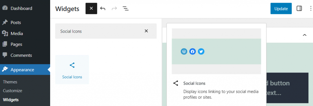 The Social Icons block in WordPress' Widgets