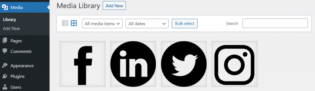 Uploaded Facebook, LinkedIn, Twitter, and Instagram's custom icons in WordPress Media Library