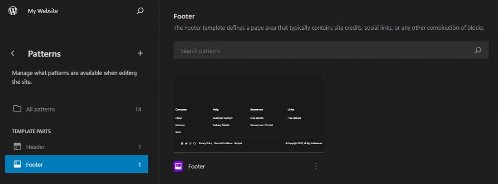 WordPress's Site Editor interface showing the Footer panel under Patterns