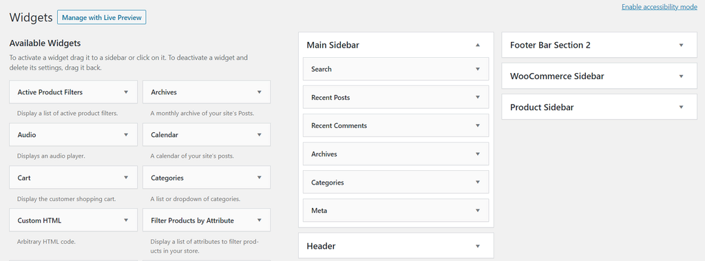 The Widgets page on the WordPress dashboard. 