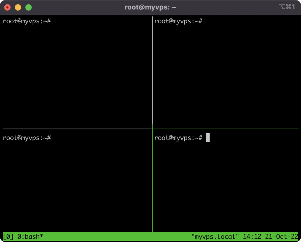 A terminal window displaying a tmux window that is split into four
