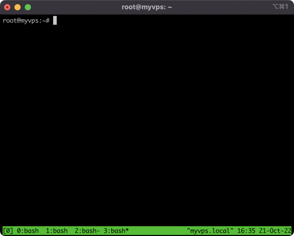 A terminal window displays a new tmux screen with three newly created windows. Note that the status bar at the bottom shows the currently selected session
