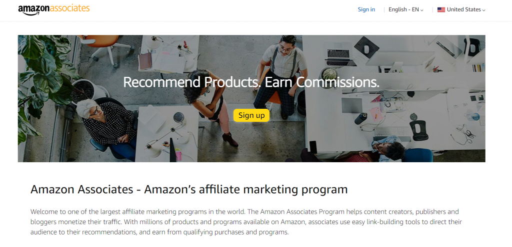 Amazon Associates affiliate program landing page