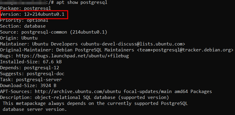Checking the PostgreSQL version that will be installed within the local Ubuntu repository
