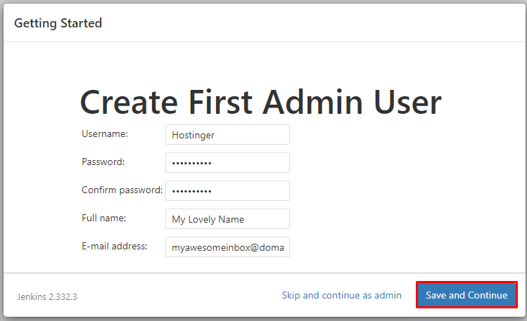 Creating the first administrative user for Jenkins with a red border indicating the Save and Continue button