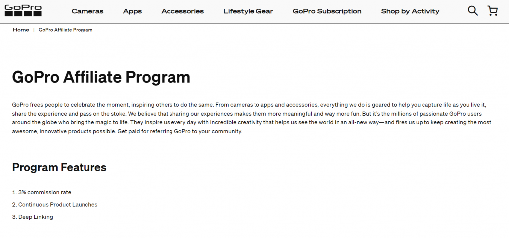 GoPro affiliate program landing page