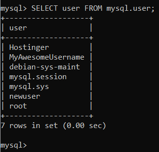 MySQL query result displaying all the users created in a MySQL database.