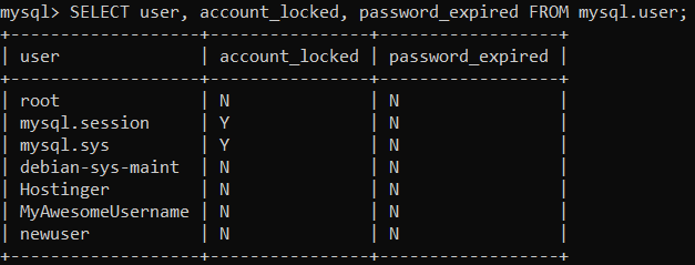 MySQL query to show password expiration and account locking status.