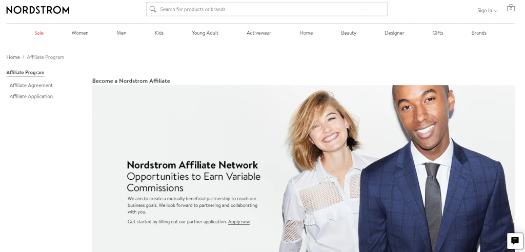 Nordstrom Affiliate Network affiliate program landing page
