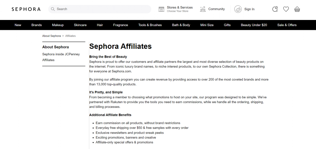 Sephora affiliate program landing page