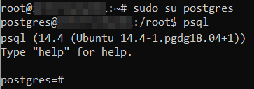 Terminal commands to switch to the postgres user and open PostgresSQL management