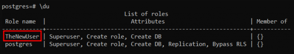 Terminal shows the new PostgreSQL user