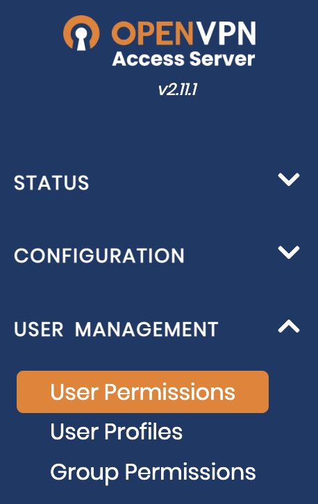 The OpenVPN side bar with User Permissions button selected