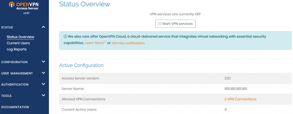 The Status Overview page on OpenVPN Access Server dashboard