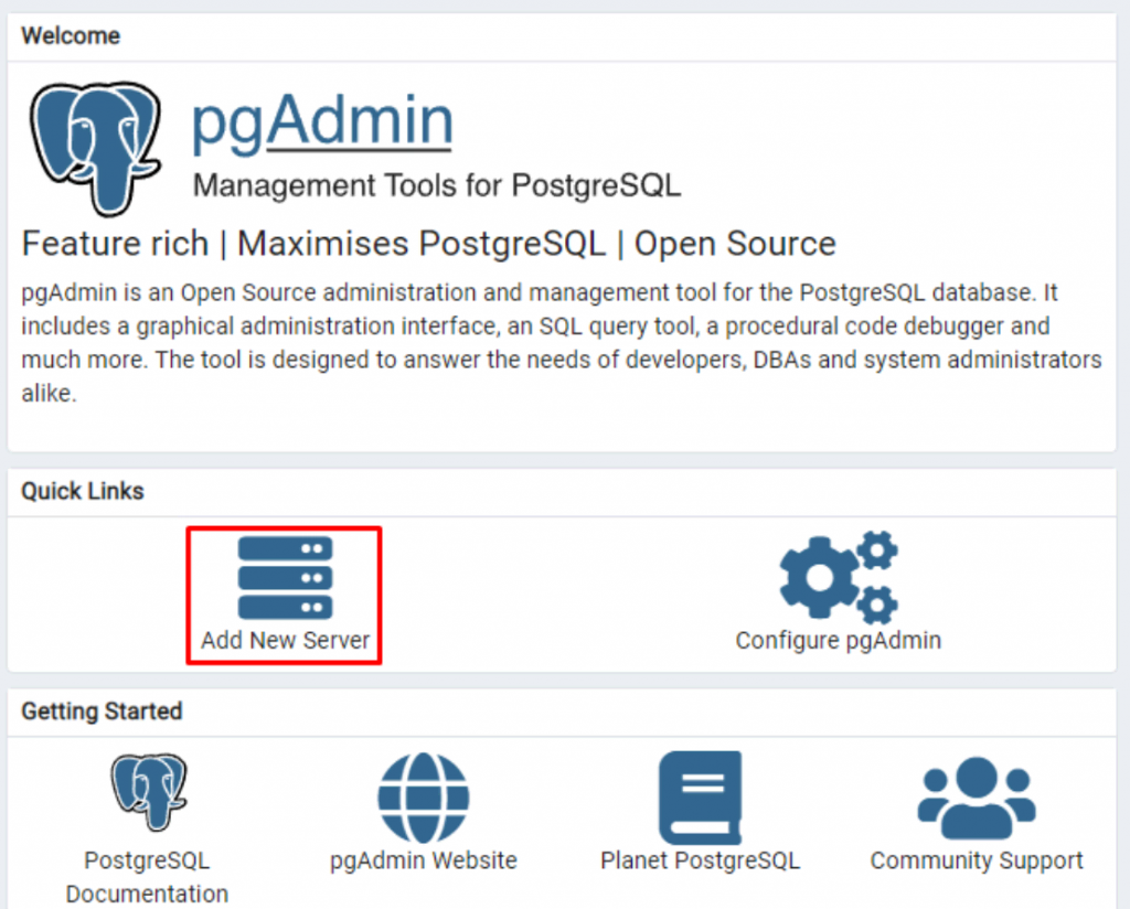 The main management window for pgAdmin with the Add New Server button highlighted