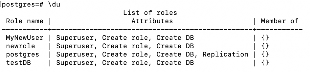 The output of \du command on PostgreSQL prompt. It displays all currently created users
