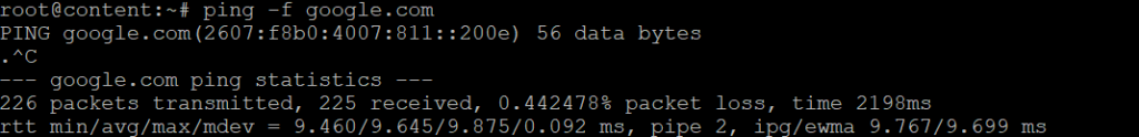 The ping output with the -f option