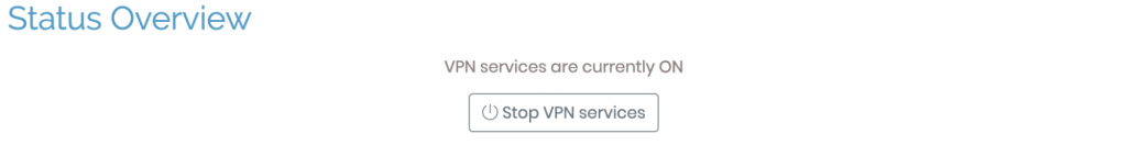 The status overview page on OpenVPN dashboard, it showcases that VPN services are currently ON