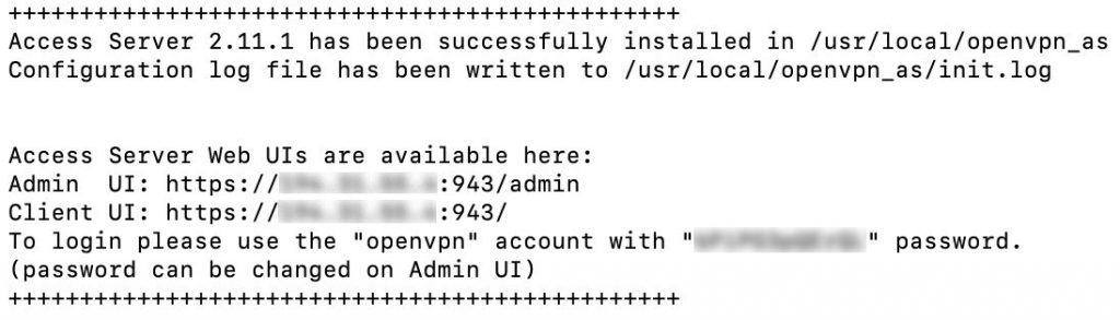 The terminal window displays a successful OpenVPN Access server installation. Login URLs for admin and client, along with password and username, is shown