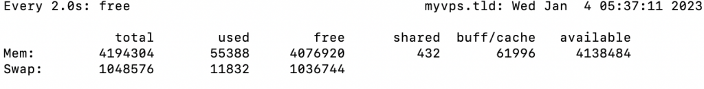 The terminal window output for the watch and free commands. The watch command works by running a user-specified command repeatedly