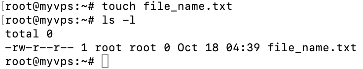 The terminal window showcases the touch command to create a new file. Ls -l command shows the file creation time stamp