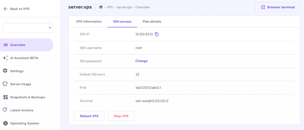 VPS SSH access credentials in hPanel VPS overview menu