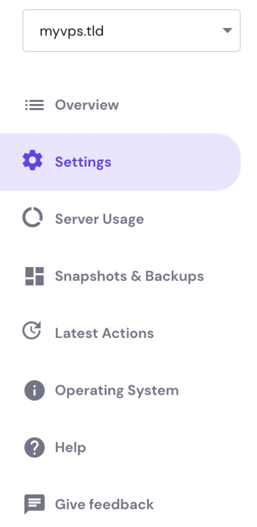 VPS section sidebar on hPanel. Settings page is selected