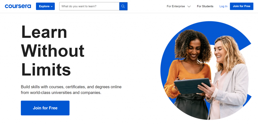 Coursera homepage featuring a join for free CTA and learning without limits