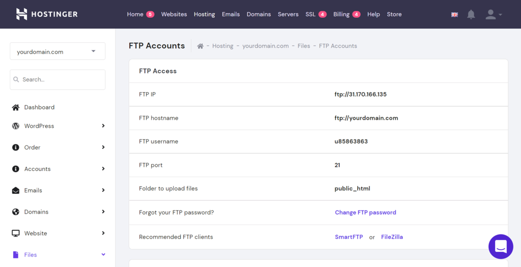 FTP account details on hPane;