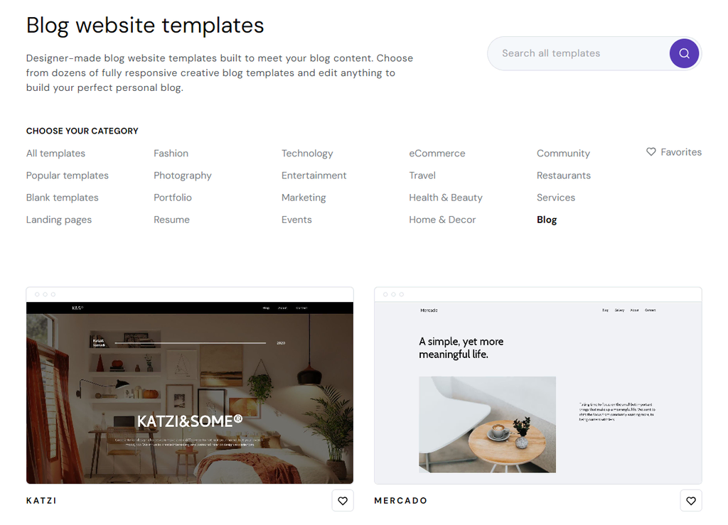Hostinger Website Builder 的博客网站模板页面