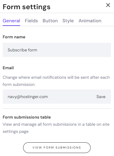 Hostinger Website Builder's email submission form settings