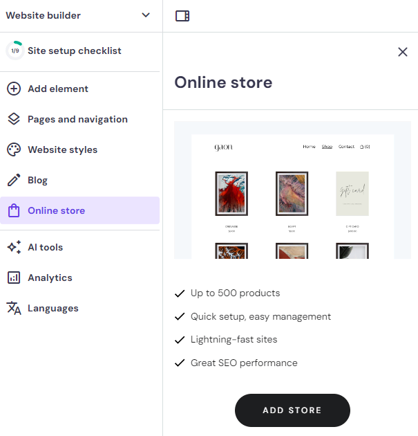 激活前 Hostinger Website Builder 的在线商店菜单