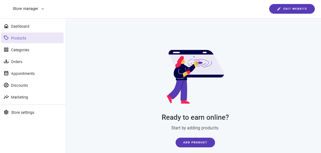 Hostinger Website Builder 的商店经理显示产品面板