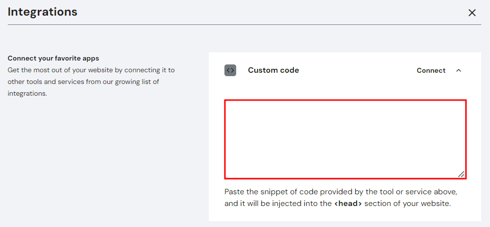 The Custom code field in the Integration panel