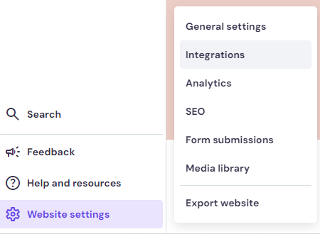 Hostinger Website Builder 网站设置下的集成菜单