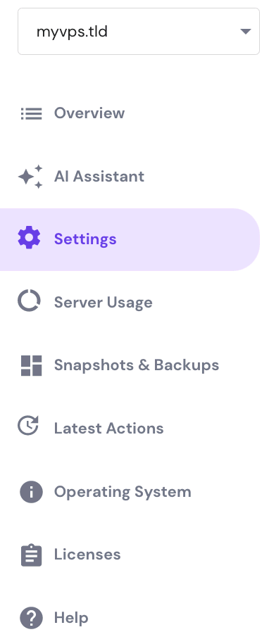 VPS section sidebar on hPanel. Settings page is selected