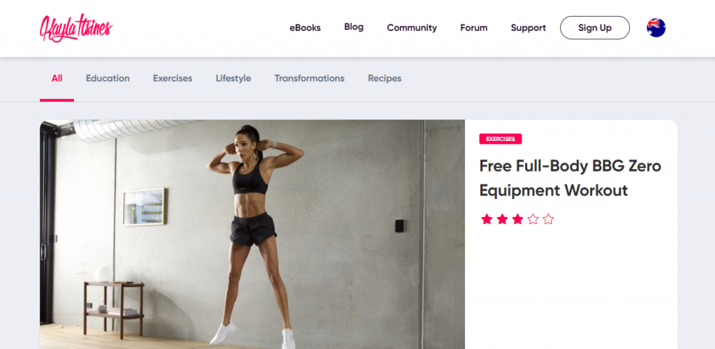 A featured workout on Kayla Itsines websites