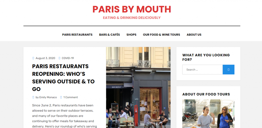Paris by Mouth home page featuring a story about restaurants opening in Paris with Covid-19 regulations