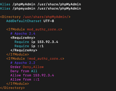 The phpMyAdmin configuration file opened using the vim editor