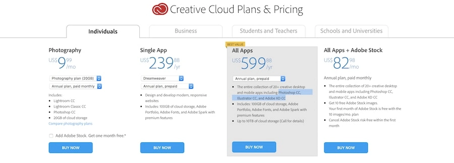 Adobe Dreamweaver CC pricing overview for individuals