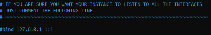 redis.conf file opened in the nano editor. Lines indicating settings on which connections Redis should listen to