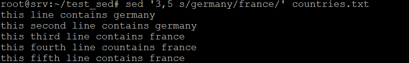 Terminal output shows sed has replaced germany on the third to fifth line with france