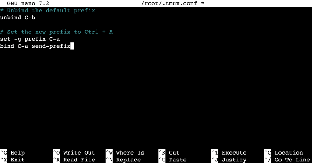 Nano editor displaying the .tmux.conf configuration file