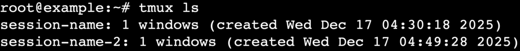 Terminal output listing active tmux sessions with tmux ls