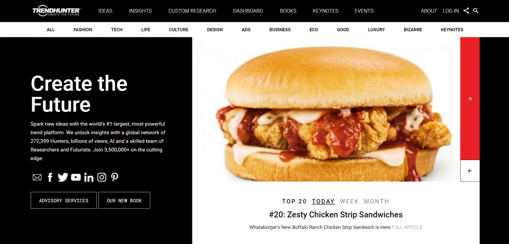 Trendhunter landing page featuring a Zesty Chicken Strip Standwich