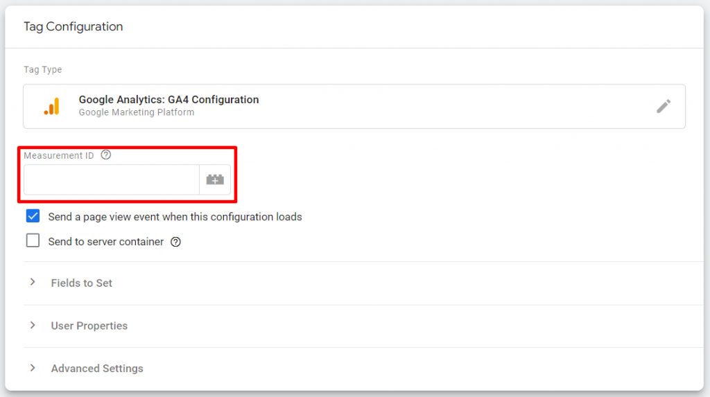 Enter your Google Analytics 4 measurement ID in the Tag Configuration.