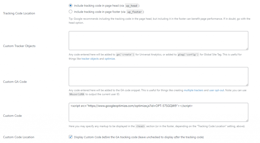 GA Google Analytics plugin settings
