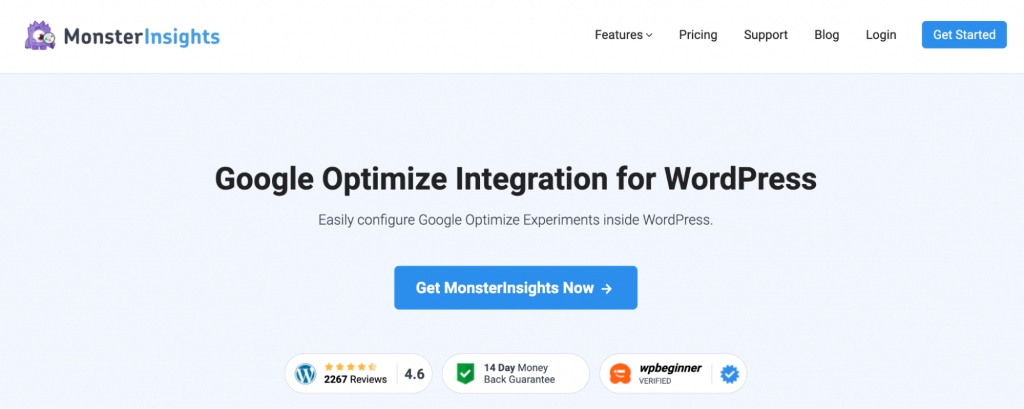 Homepage of the Google Optimize page on MonsterInsight's website
