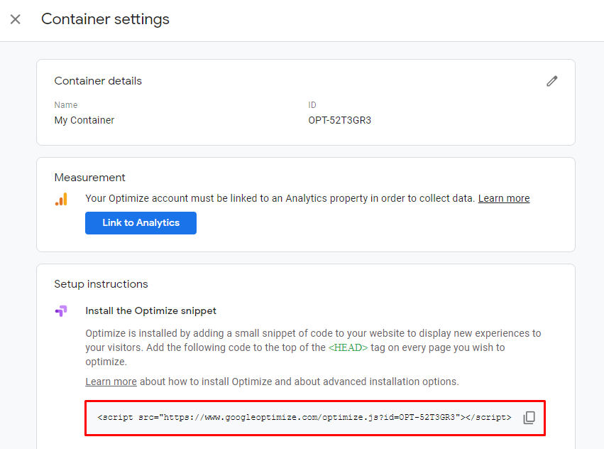 Google Optimized code snippet on the container settings